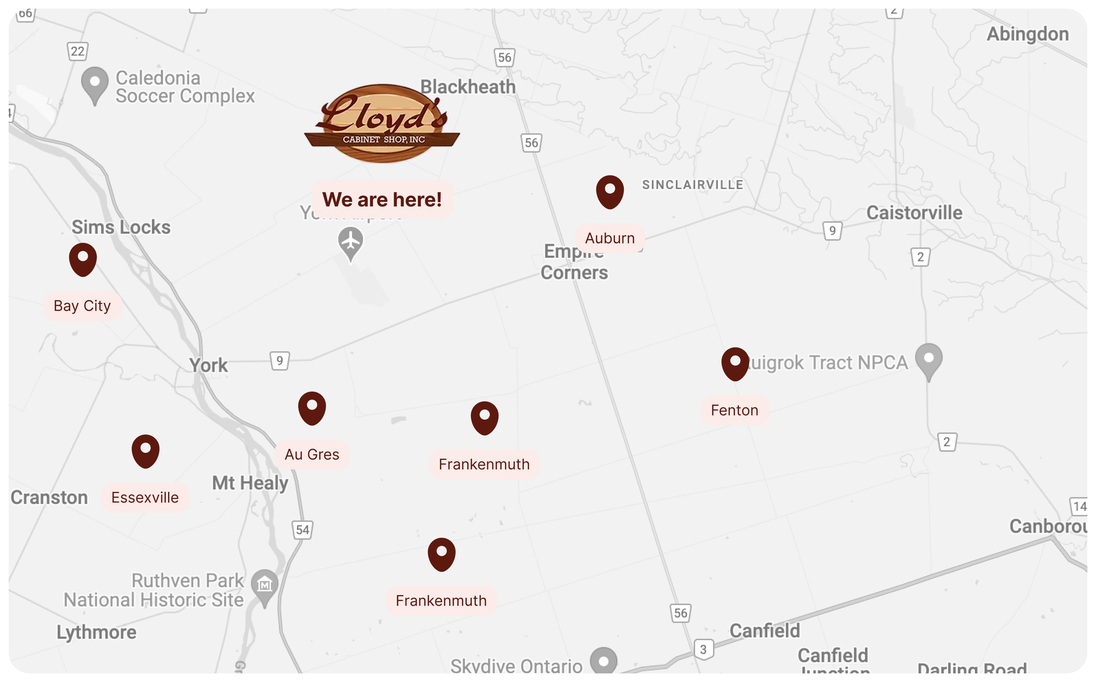 Serving areas section map showing the regions and communities served by Lloyd's Cabinet Shop
